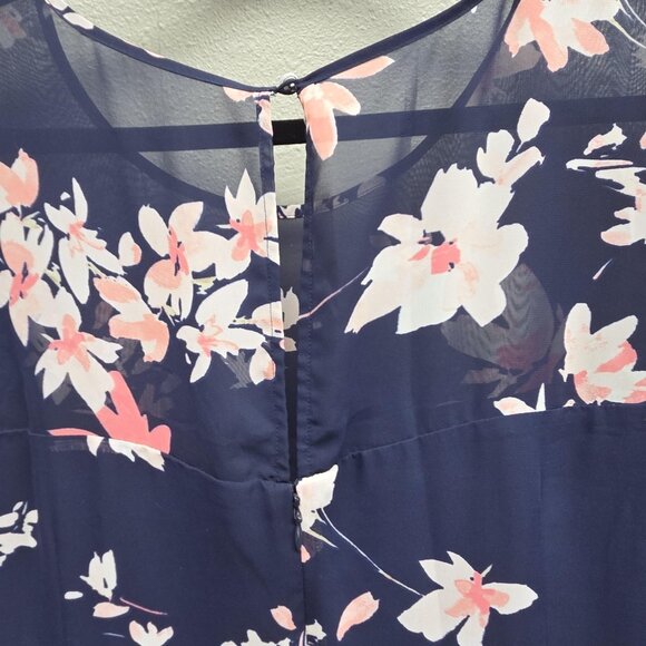 Eliza J Dress Womens 18W Navy Blue Floral Chiffon Long Sleeve Ruffle Hem Shift - Picture 7 of 16